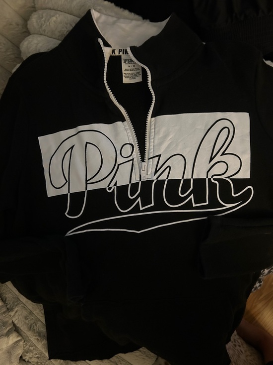 PINK Victoria's Secret Tops - PINK Half-Zip Pullover Sweatshirt - Black & White with front kangaroo pockets